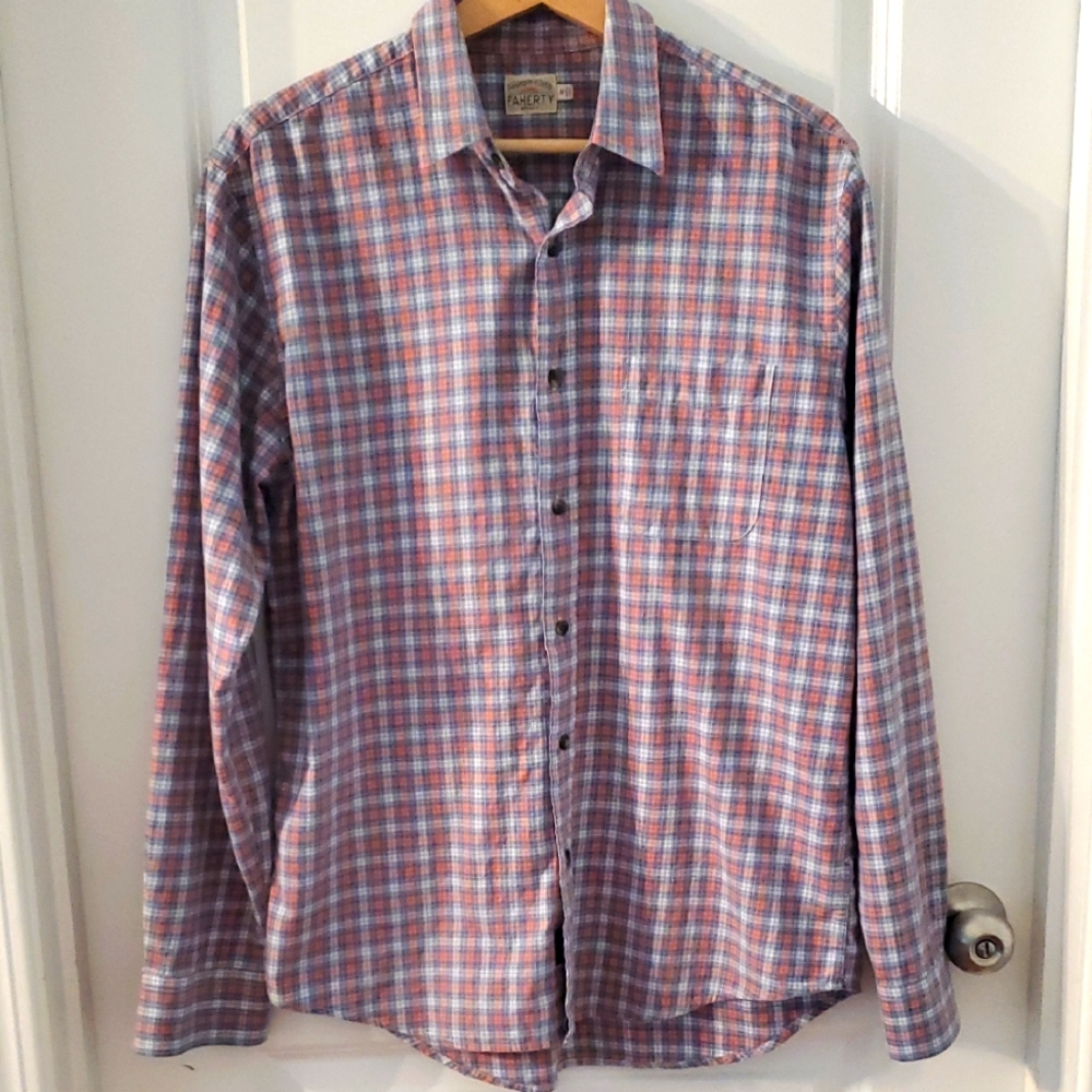 Faherty Men's Plaid Shirt - Blue, White, Soft Red
